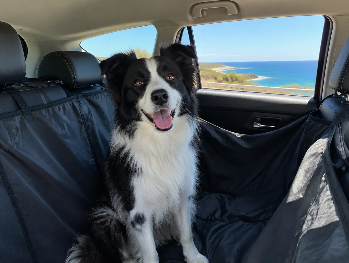 Border collie on a protected car back seat