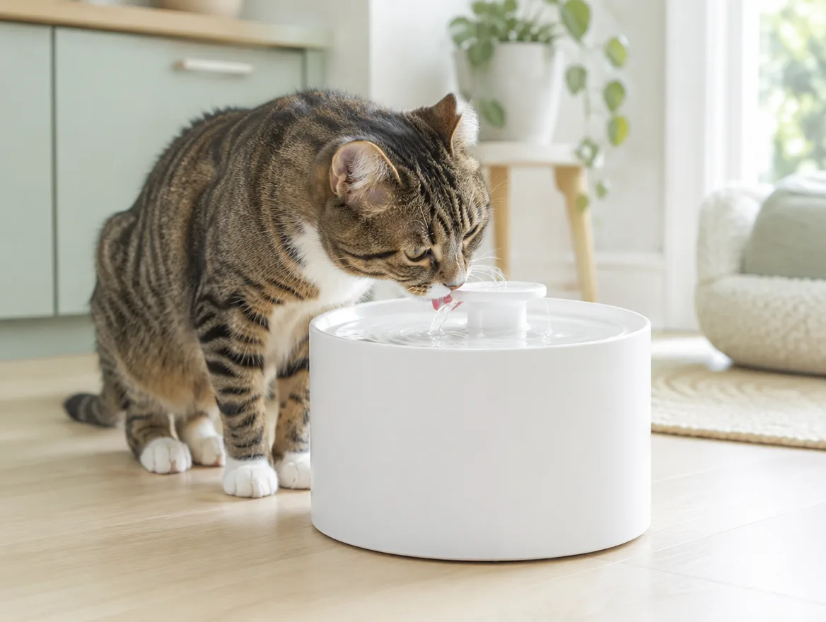 Tabby cat drinking from a water fountain