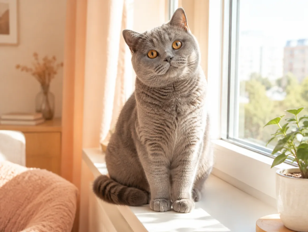 Grey British shorthair cat on a sunny windowsill