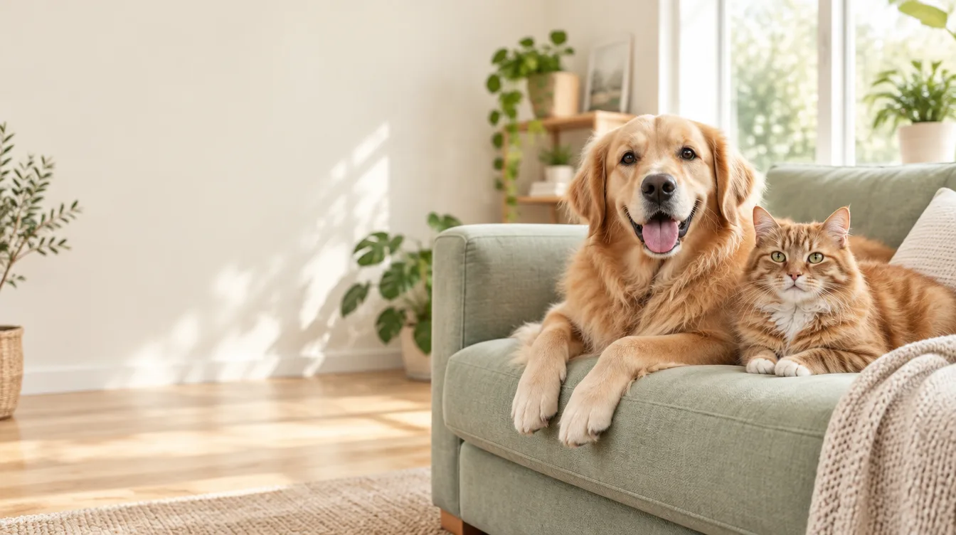 Golden retriever and tabby cat relaxing on a sage-green sofa