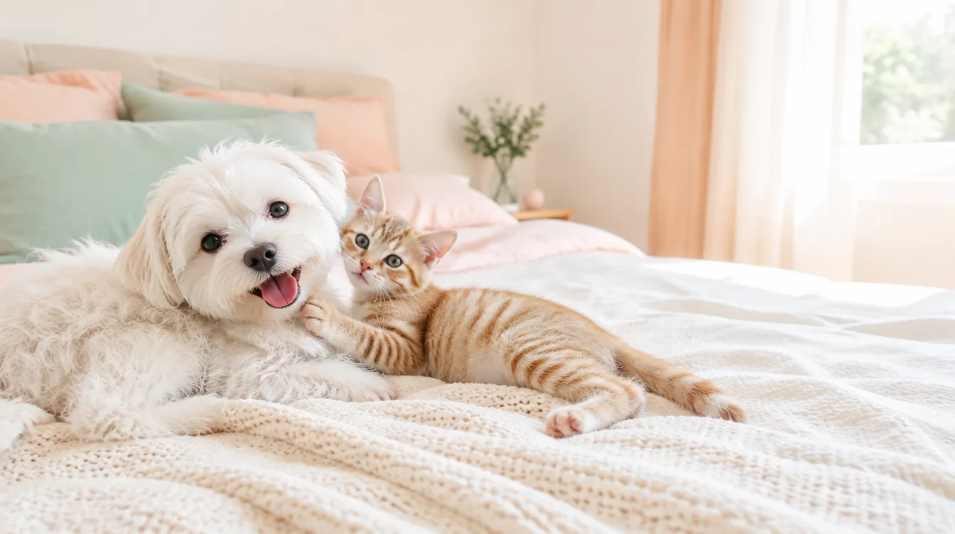 Kitten and small white dog cuddling on a blanket