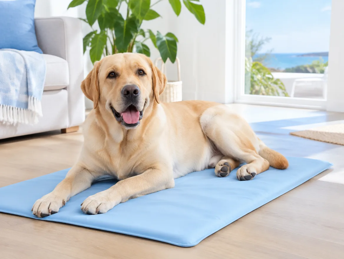 Labrador lying on a blue cooling mat